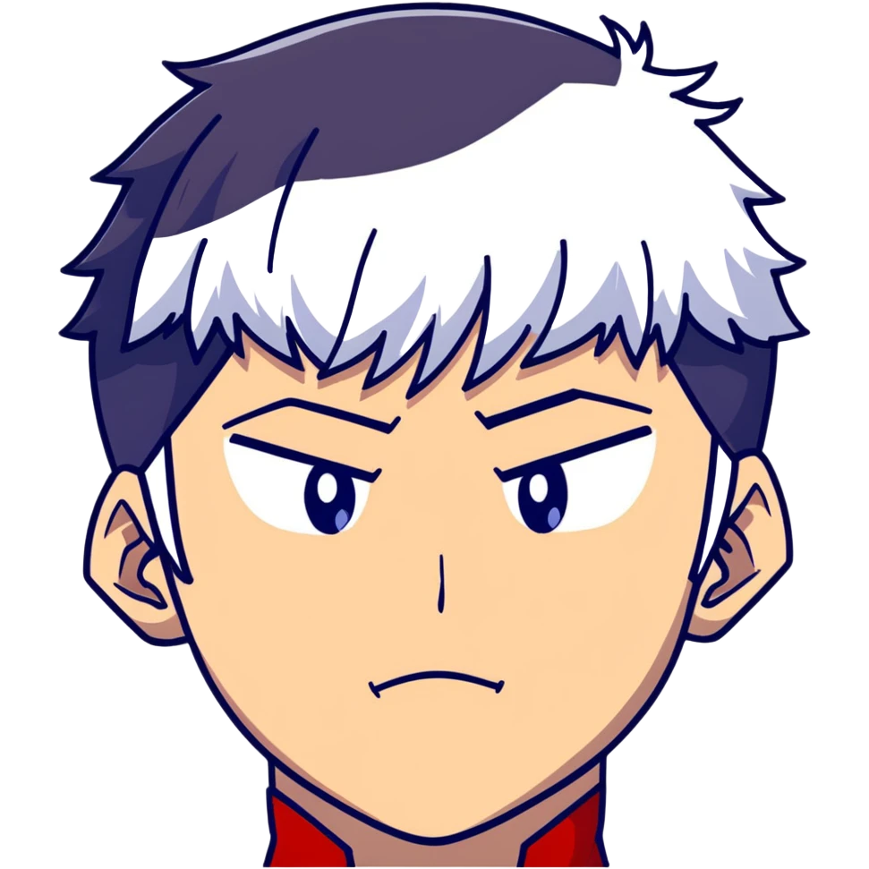 Shoto Todoroki face portrait, half red half white hair, different colored eyes, facial burn scar, neutral expression emoji