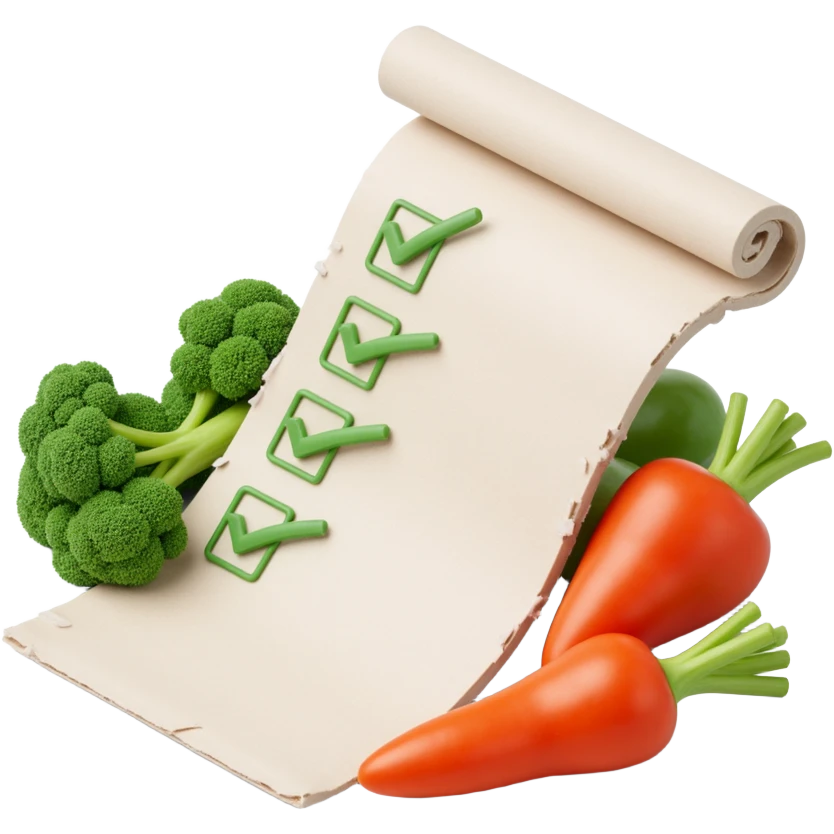 floating rolled paper list with green checkboxes and around vegetables emoji