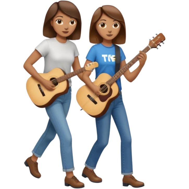 based on emoji style, like this "💁🏻‍♀️" "💁🏽‍♂️" "💁🏻", two people walking together, one is brown-haired woman, wearing business casual, holding a guitar; another one is a non-binary person, wearing t shirt and jeans. they are walking together. emoji
