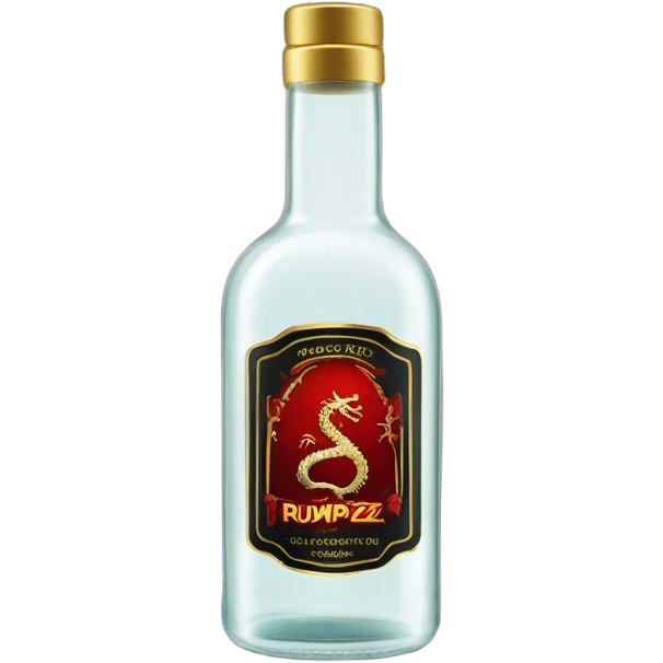 clear bottle of rumpleminze clear alcohol with a label that black with red border and font that has a small gold dragon on the label that says “RUMPZ” emoji