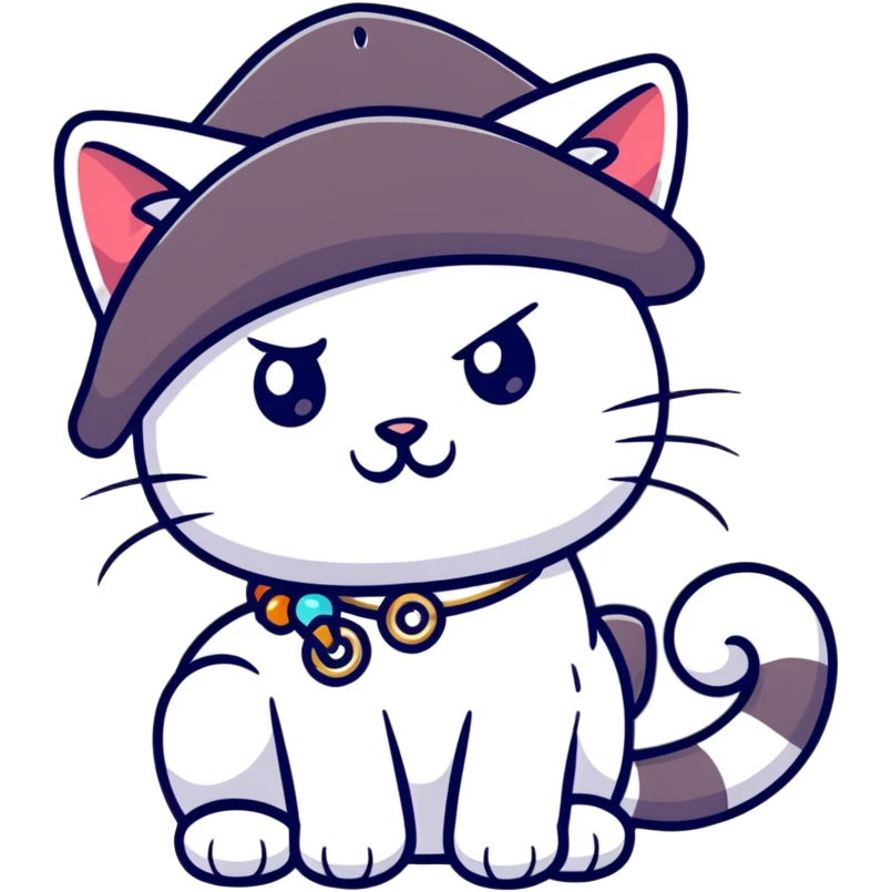 pirate cat with tricorn hat, beads in fur, mischievous expression emoji