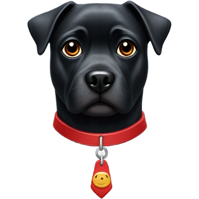 Black dog with short white scruff on mouth and chest pug nose and red collar  emoji