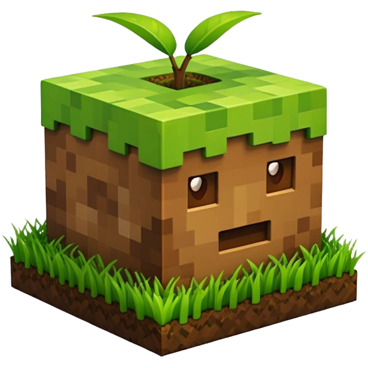 A 3D Apple-style emoji of a Minecraft grass block, cubic shape, with bright green grass on top and brown soil with pixel texture on the sides, simple and cute cartoon design. emoji