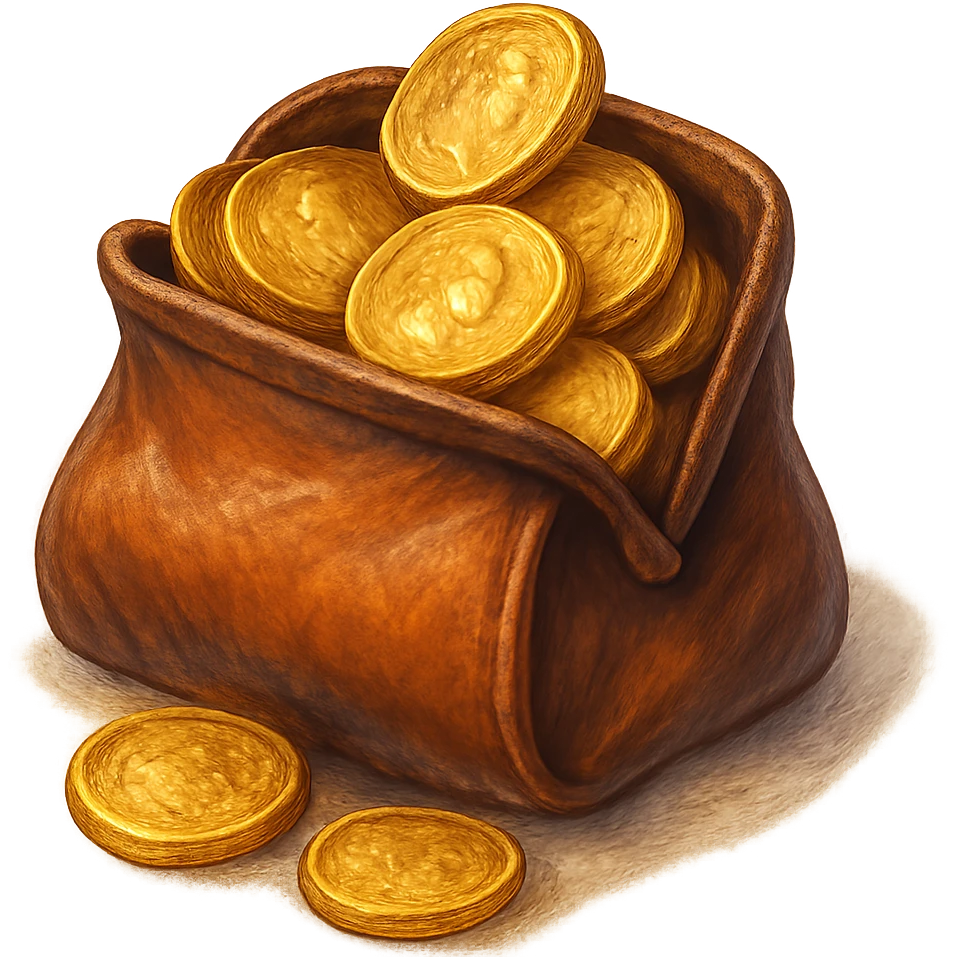 В cлегка рисованной, но при этом объемной и яркой стилистике сгенерируй картинку кожаного кошелька, из которого торчат натуральные фотореалистичные золотые монеты. Они должны выглядеть не как пластмассовые, а как настоящее золото. Прозрачный фон emoji