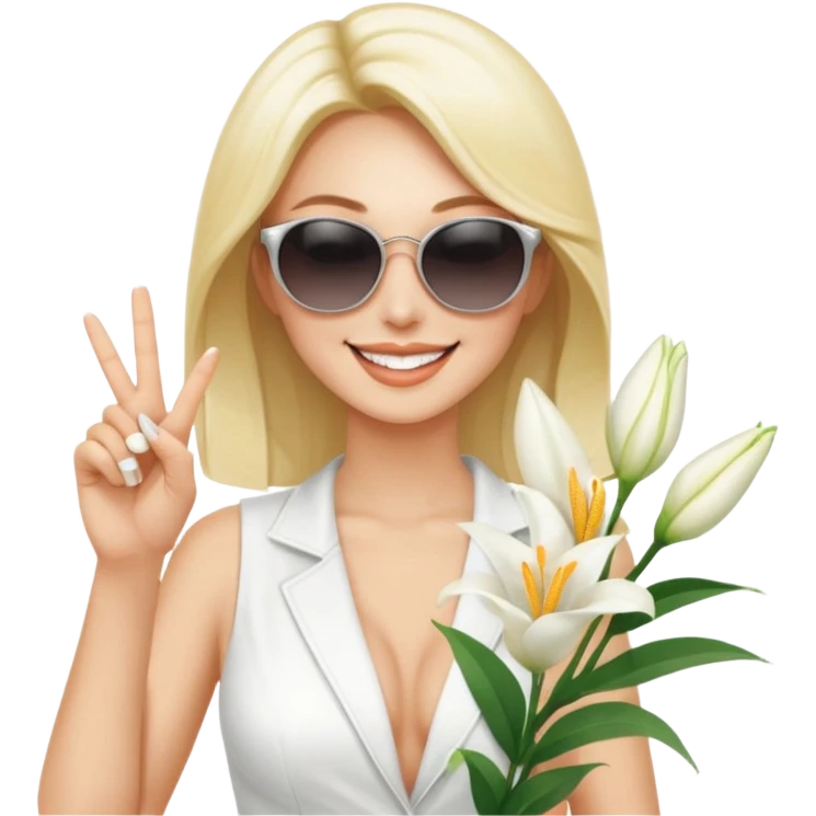 Professional sexy woman smiling holding lilies posing in shades  and flashing peace sign fingers emoji