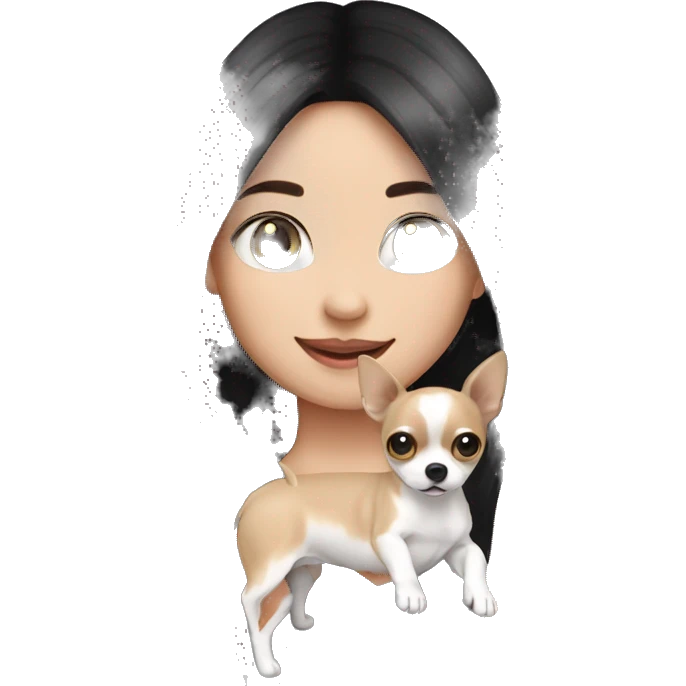 long black hair Thai girl with white and black long hair chihuahua waving emoji