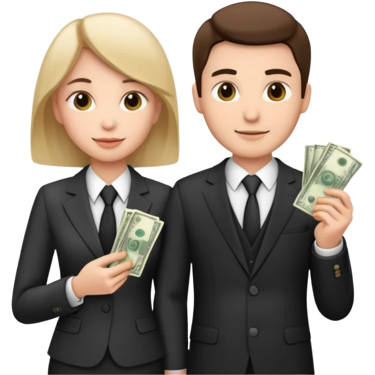 Una pareja (chico y chica de 28 años) vestidos con traje profesional y con dinero emoji