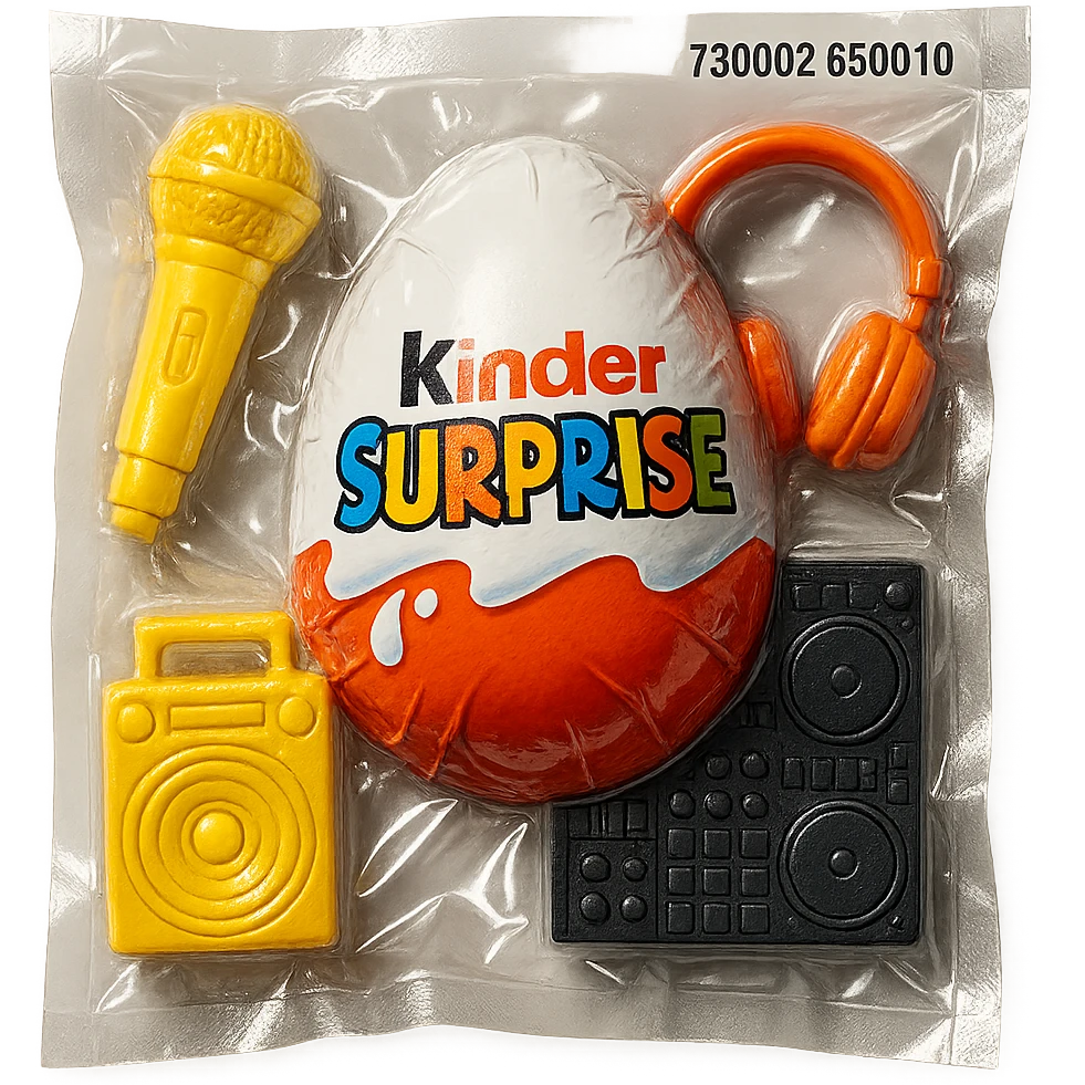Kinder Surprise egg with wrapper, next to toys including microphone, boombox, headphones, DJ controller, glossy vacuum-sealed style emoji