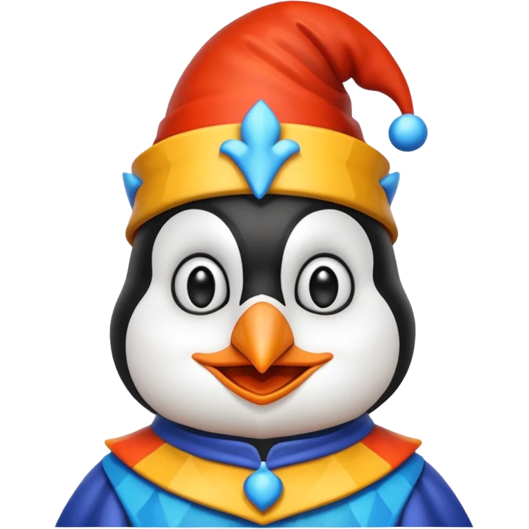 crazy colorful cute penguin jolly joker, medieval, vintage, court jester, mac os icon, blue color emoji