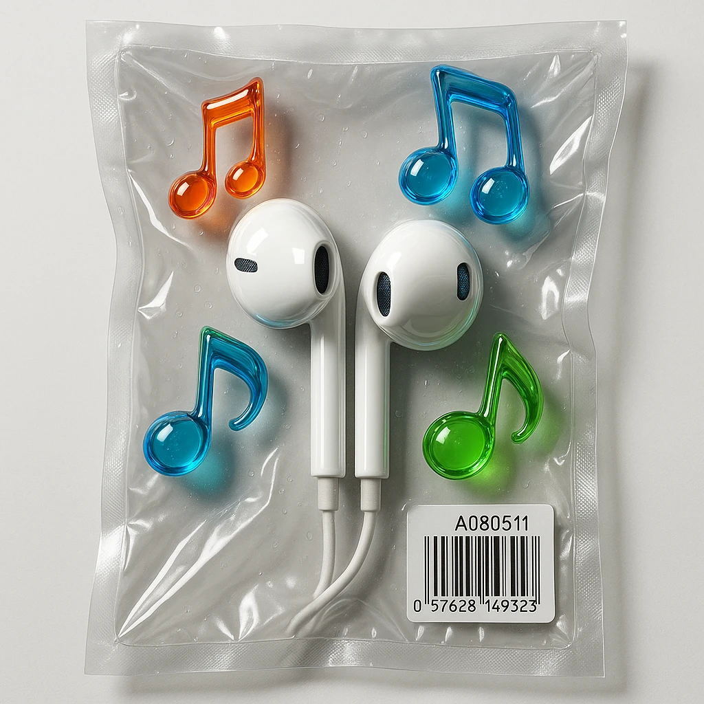 white EarPods headphones with three distinct colorful glassy music notes floating nearby, shiny and inflated emoji