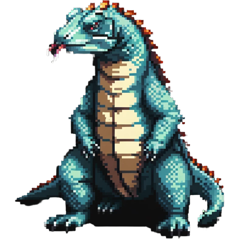 Pixel art komodo dragon with detailed scales and forked tongue emoji