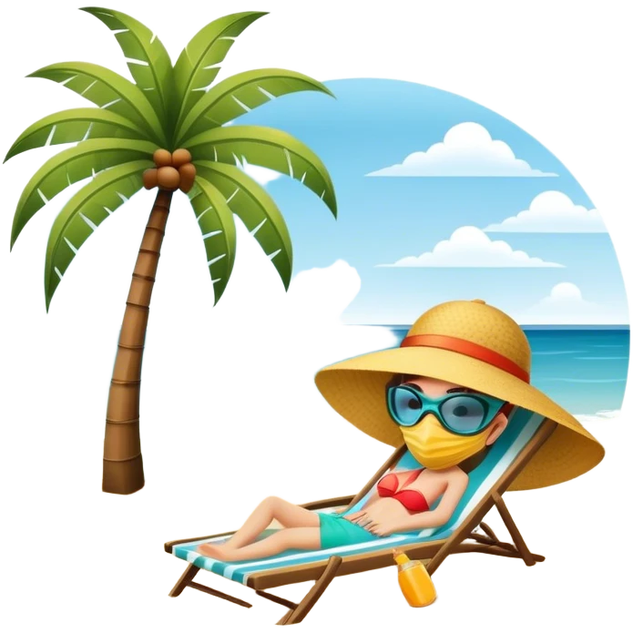 frameless Icon for Beach Tourism: a serene beach scene with palm trees, a sun hat, a mask with tube, and the ocean in the background. The icon should capture the relaxing atmosphere of a beach vacation. Transparent background. emoji
