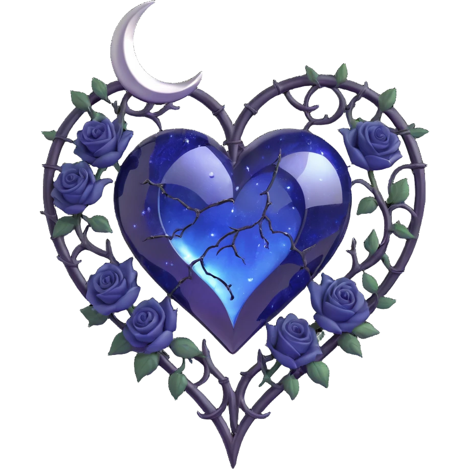 gothic heart with a large crack repaired by metallic thread, midnight blue glass, silver crescent moon, black roses, stardust, lightning, rain, minimal dark style emoji