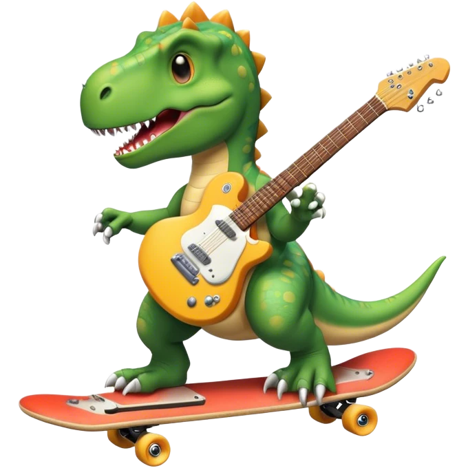 Dinosaur skateboarding with a guitar emoji