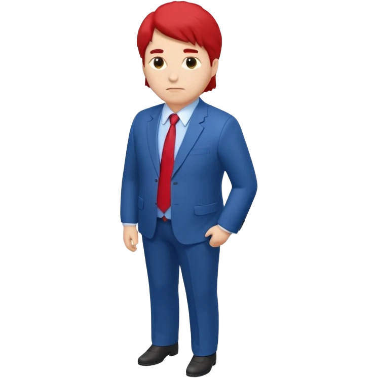 CHANGE TO SHOW THE FULL BODY, FROM AN ISOMETRIC OVERHEAD ANGLE, WITH MUCH PUFFIER HAIR (IN HIS DISTRICTIVE STYLE), WITH A LARGE, BLOATED STOMACH, WEARING A BLUE SUIT AND RED TIE, TURNED SLIGHTLY TO THE SIDE, IN THE STYLE OF ISOMETRIC FIGURES. emoji