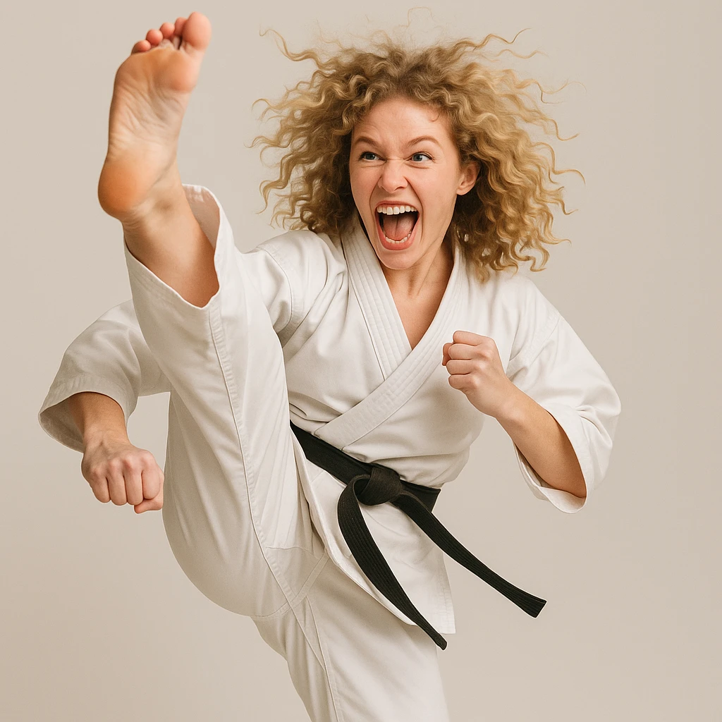 blonde curly haired woman doing a karate kick into the air, dynamic pose, energetic expression, simple background emoji