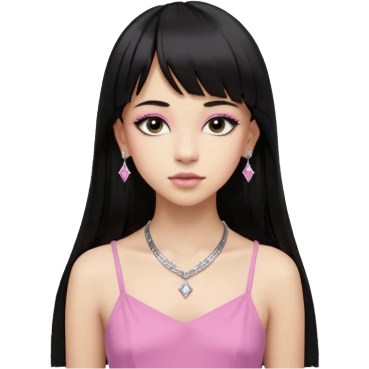 Cabelos pretos longos lisos ,com franja curvada .olhos pretos puxadinho para cima. Cílios longos curvados. Pele clara ,nariz pequeno ,lábios carnudos ,adolescente 16 anos ,vestido rosa de alça, colar pequeno prata ,brinco de diamante pequeno  emoji