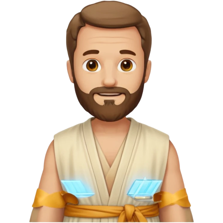fullbody apostle Peter, classic emoji style, lighter colors, sleeveless shirt like in 'The Chosen', plain robes, detailed beard, standing, smiling emoji