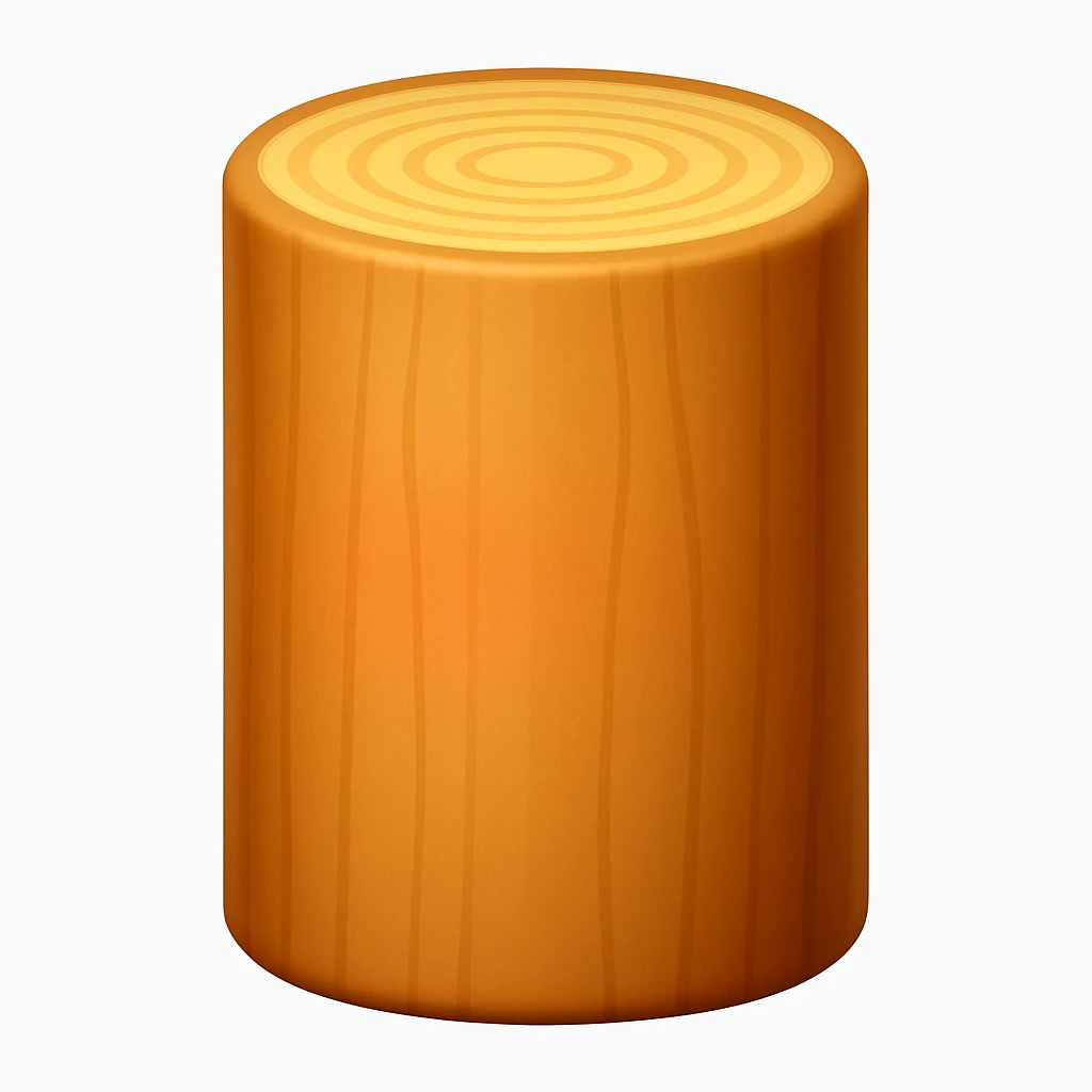 Create an emoji of a log exactly like the reference image but without the face and arms. The style should be iOS emoji style with a smooth, shiny wood texture and the log should be upright. Add a slight blush to the log. emoji