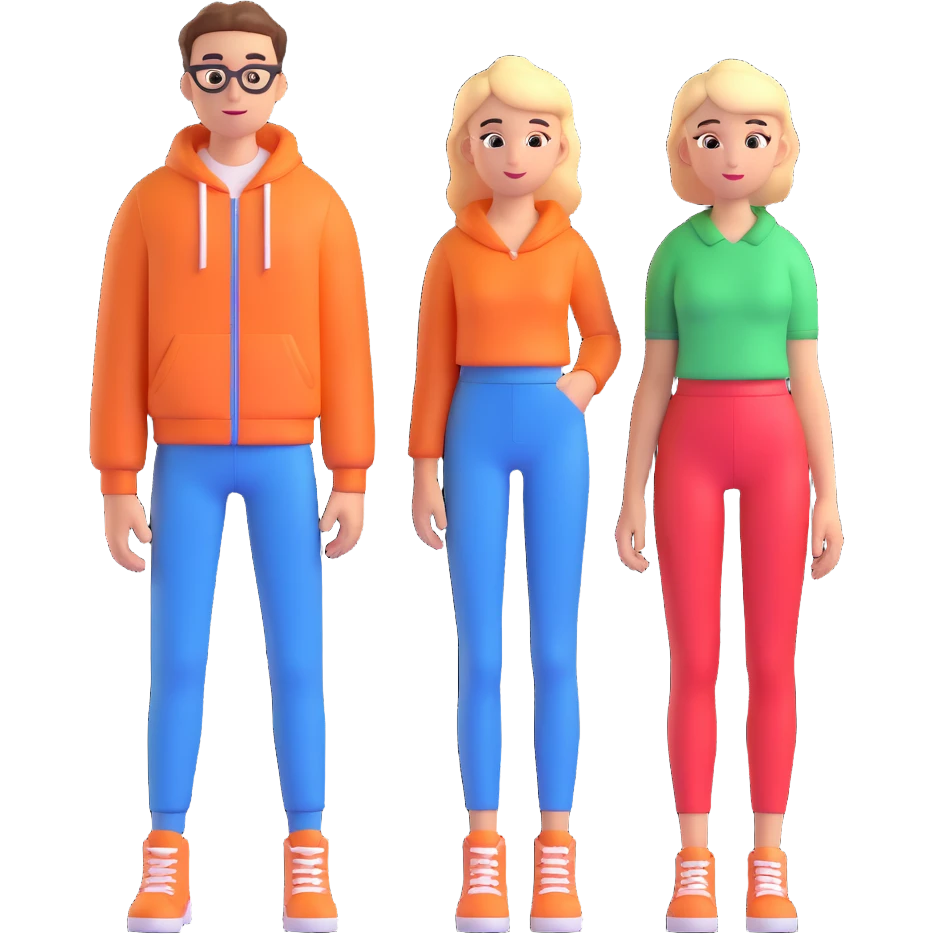 Draw these two characters in full height, keeping the same 3D cartoon style, black background, and their current outfits and appearance. emoji