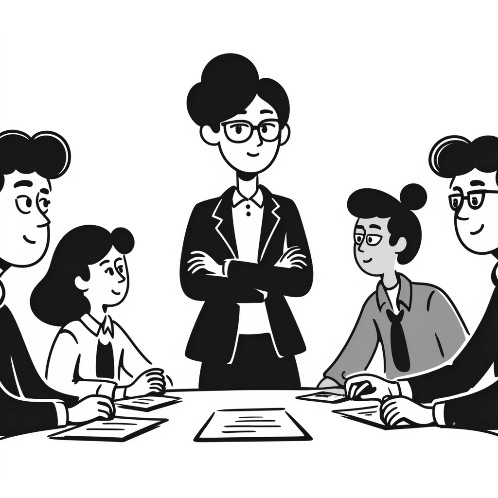 Executive employer at head of meeting table with team emoji
