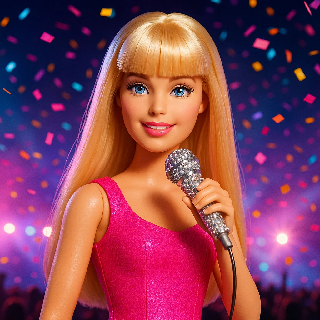 Pretty and girly Blonde pop star with bangs, holding a bedazzled microphone, reimagined as a Barbie doll, with a nighttime concert backdrop with colorful confetti emoji