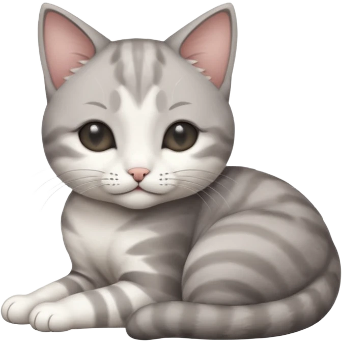 1 grey and white small cat with its eyes closed lying down leaning on its elbow with its paw curled under his head holding it up emoji