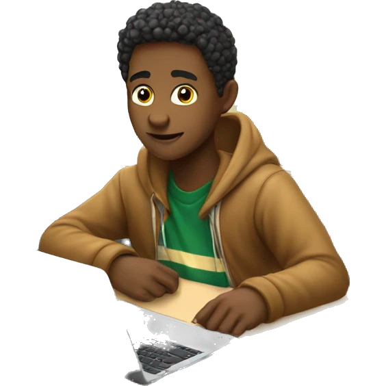 male student sitting at a school desk, a Chromebook with blanket wrapped around shoulders emoji