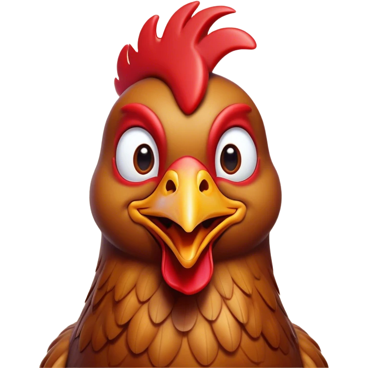Cinematic Comical Brown Chicken Portrait Emoji, Head tilted dramatically with an exaggeratedly amused expression, featuring a striking, glossy brown plumage with a vibrant red comb, wide, expressive beady eyes filled with playful disbelief, Simplified yet hilariously expressive features, highly detailed, glowing with a slightly sassy glow, high shine, dramatic yet playful, stylized with an air of cheeky mischief, bright and endearing, soft glowing outline, capturing the essence of a spirited and over-the-top chicken, so meme-worthy it feels like it could cluck its way into internet fame instantly! emoji