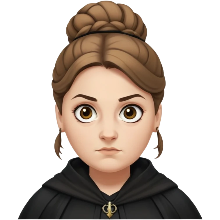 Alecto Carrow in harry potter, a white fat woman , one knot bun light brown hair, look evil, black cloak emoji