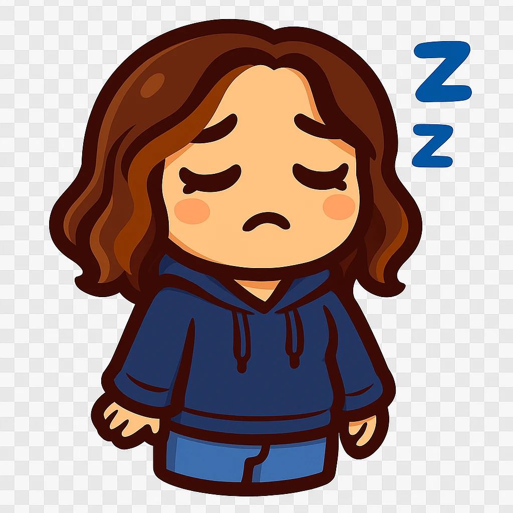 Sticker style chibi emote of the woman from the reference images, wearing a blue hoodie and jeans, sleepy with Zzz, no headband, no sparkles, no wand, transparent background. emoji
