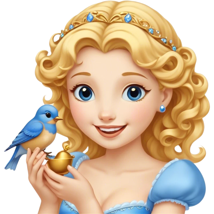 Cinematic Adorable Cinderella Portrait Emoji, Giggling softly while holding a tiny bluebird, golden curls bouncing, eyes sparkling with joy, wrapped in a soft golden glow, exuding warmth and charm, an irresistible blend of beauty and playfulness! emoji