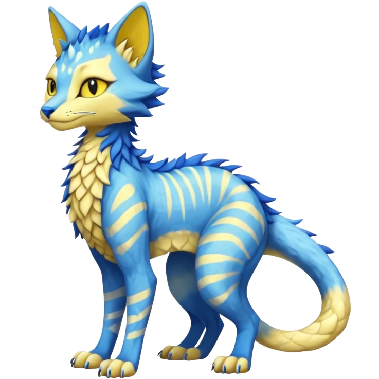 Kawaii yellow and blue beautiful pretty elegant divine edgy fantasy feline-vernid-sergal-fursona animal creature with a tufted tail full body with intricate markings  emoji