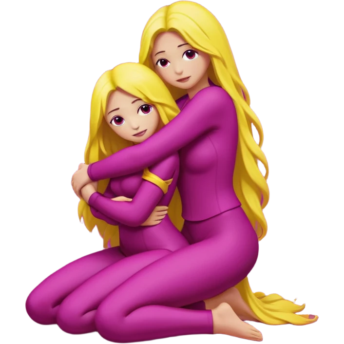 One figure is dark magenta and is kneeling.
	•	The other figure is yellow with long hair and is being held, with their arms around the magenta figure’s neck.
	•	The yellow figure’s legs wrap around the magenta figure’s waist, suggesting a close, intimate embrace. emoji