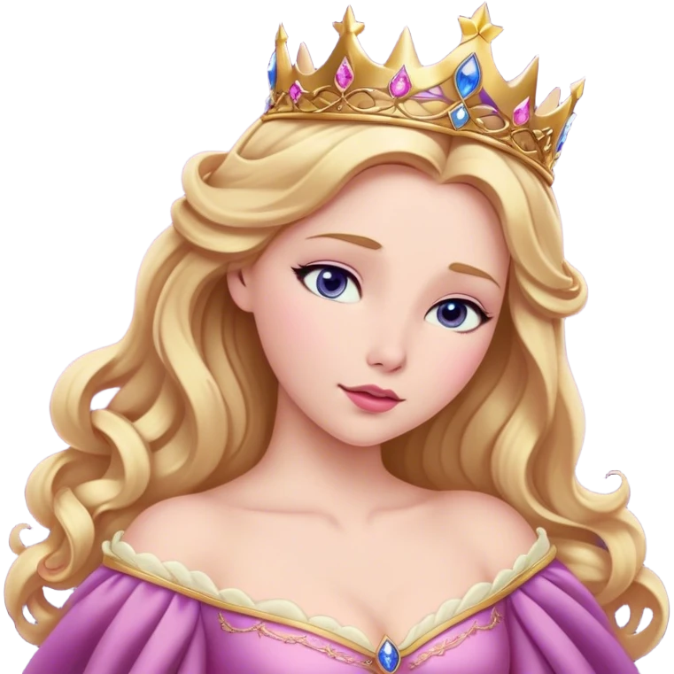 Cinematic Realistic Sleeping Beauty (Aurora) Portrait, with porcelain-like skin featuring a natural rosy flush, illuminated by soft lighting that highlights the gentle contours of her face. Her golden blonde hair flows in soft, detailed waves with subtle highlights that shimmer in the light. Her deep violet-blue eyes radiate warmth and innocence, framed by arched brows and long lashes. Her serene expression exudes quiet elegance. She is dressed in her classic pink gown, the fabric rich in texture with delicate folds that catch the light. A golden crown rests atop her head, gleaming with royal refinement. The portrait captures a soft, glowing aura, blending realism with an ethereal sense of beauty and timeless enchantment. emoji