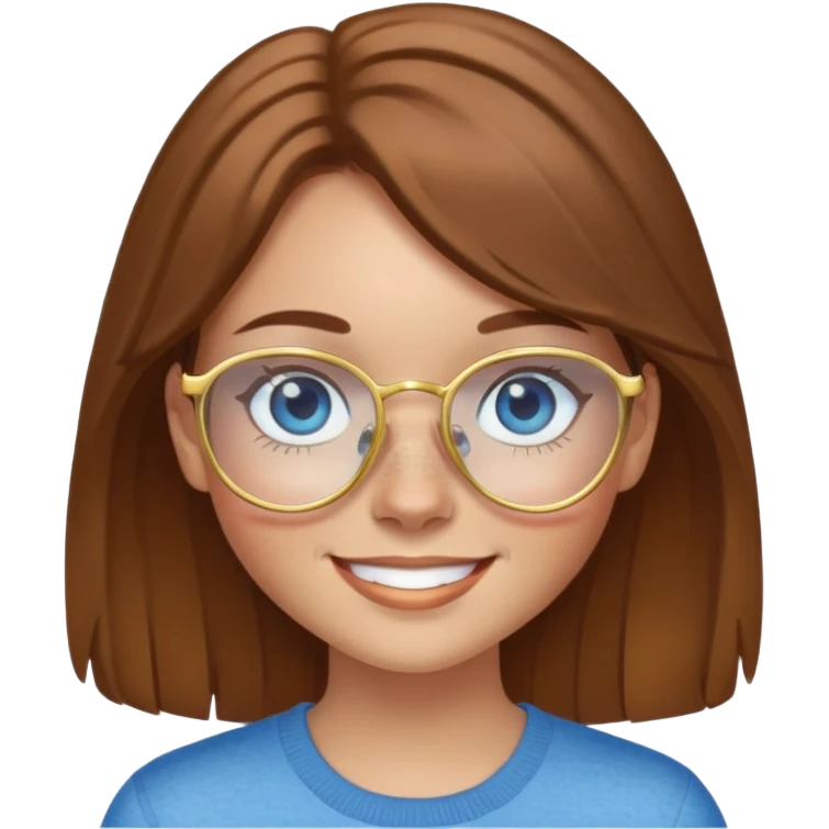 Girl with light skin, brown hair, blue eyes, freckles, and gold glasses smiling emoji