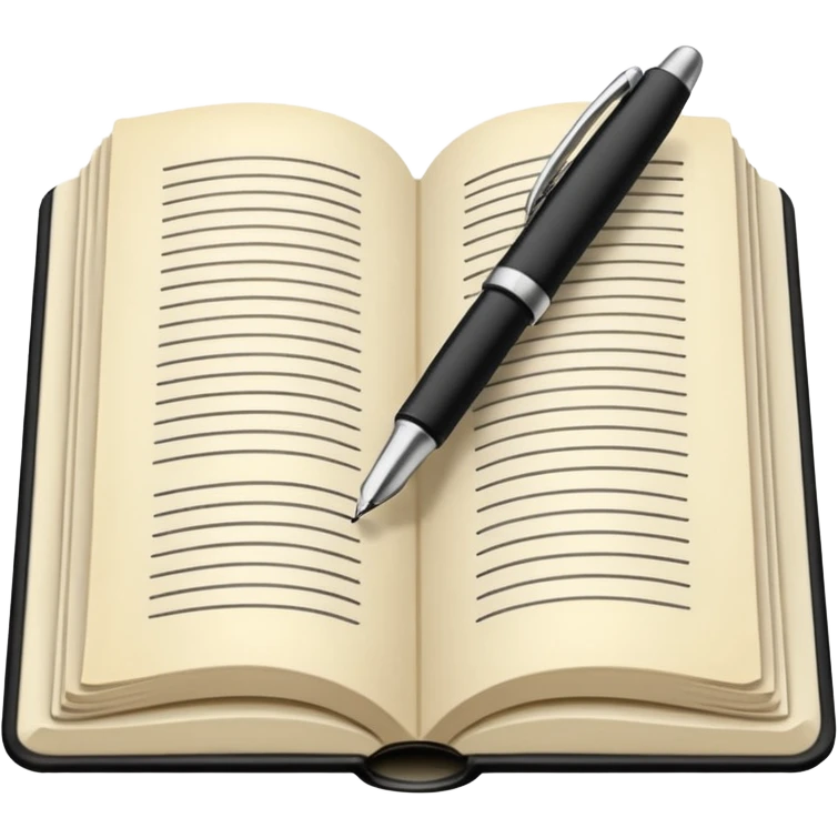 "A white open book,The pen should be positioned as placed exactly in the center between the pages.  if held by a right-handed person - meaning the direction is reversed compared to a left-handed grip. The pen should be uncapped, and the cap placed behind it." emoji