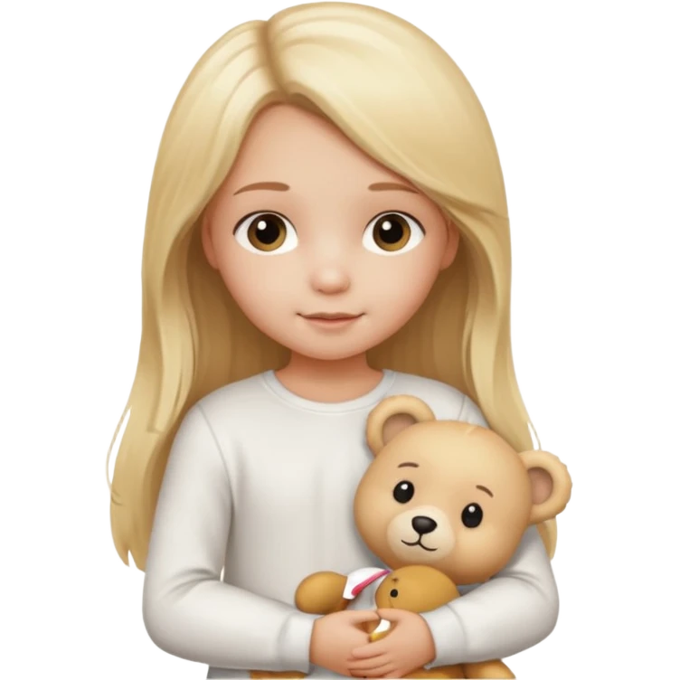 Blonde little girl, long hair, white long sleeve, with beige bear emoji