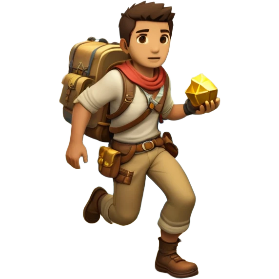 an adventure game, inspired by Uncharted-2. The design features a rugged explorer navigating through ancient ruins, with treasure and obstacles in the background. A dynamic environment with jungle, cliffs, and puzzles highlights the thrill of discovery and action. Transparent background. emoji