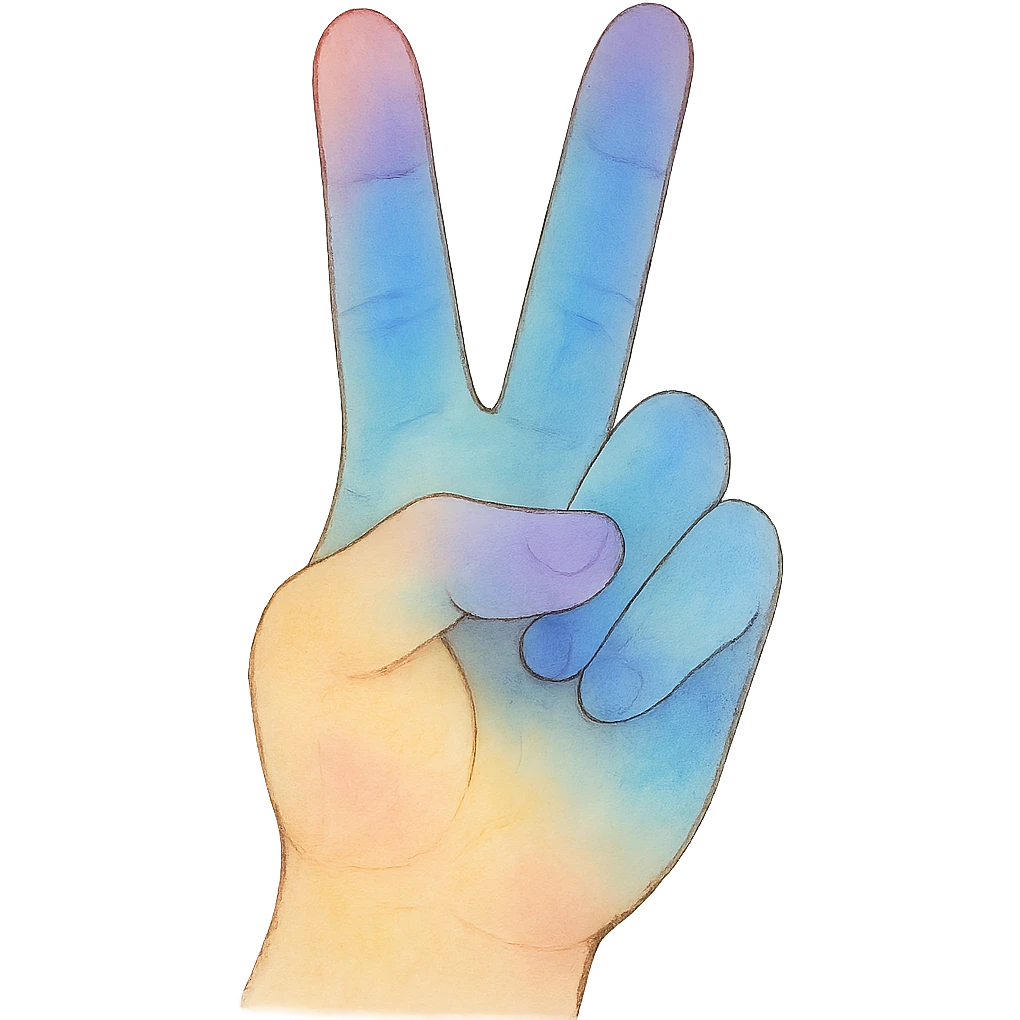 Increase blue and purple colors in the rainbow theme of the hand peace sign, keep the ghibli style, no background. emoji