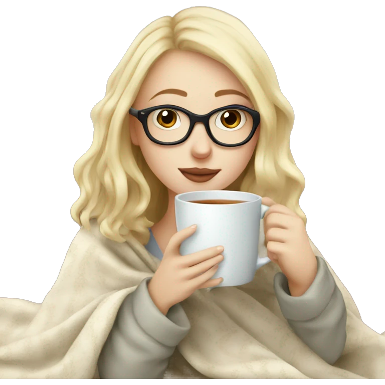 pale blonde girl wearing glasses drinking tea under blanket emoji