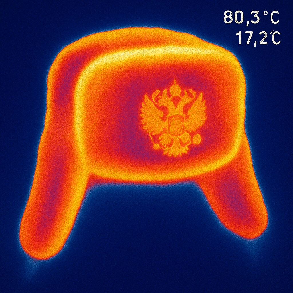 Russian hat ushank with the small coat of arms of Russia, with background, thermal camera style emoji