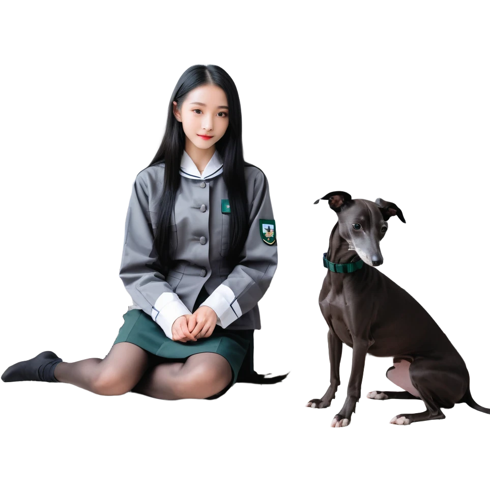 Slim Chinese girl with long black hair and her completely solid dark grey Italian greyhound in a cozy home setting, the dog has absolutely no white markings on face or nose, completely uniform grey color throughout emoji