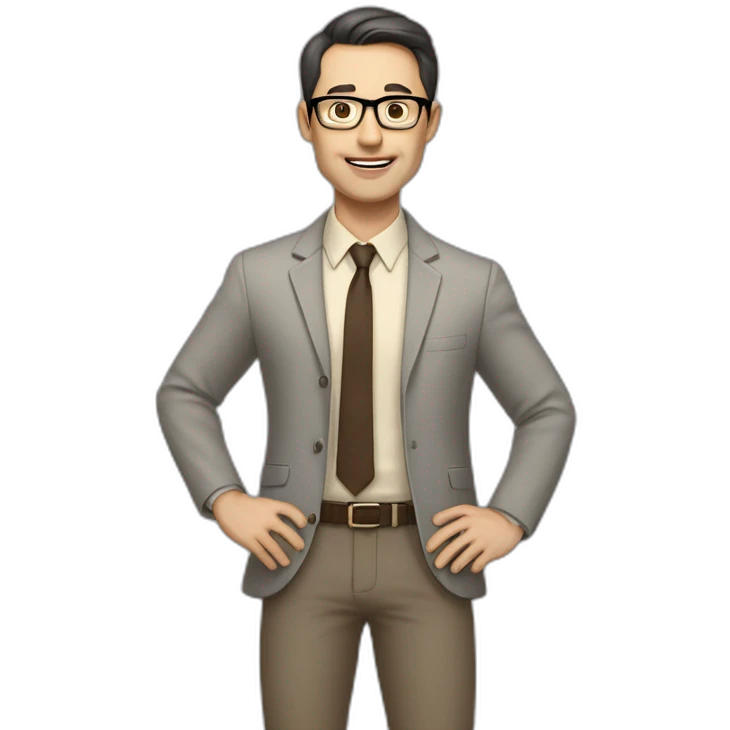 Full height Actively gesturing with hands Pale skinned fit man with dark brown hair in gray jacket, beige office shirt, brown tie, brown pants and vintage glasses. emoji