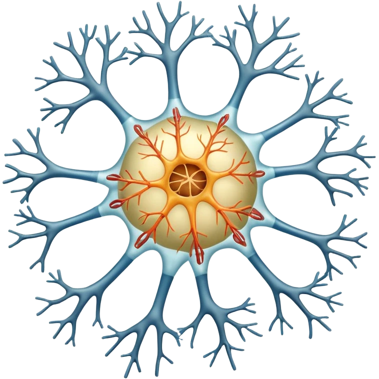 A scientificallu accurate nerve cell with the 3 main components, dendrites, axon and cell body. emoji