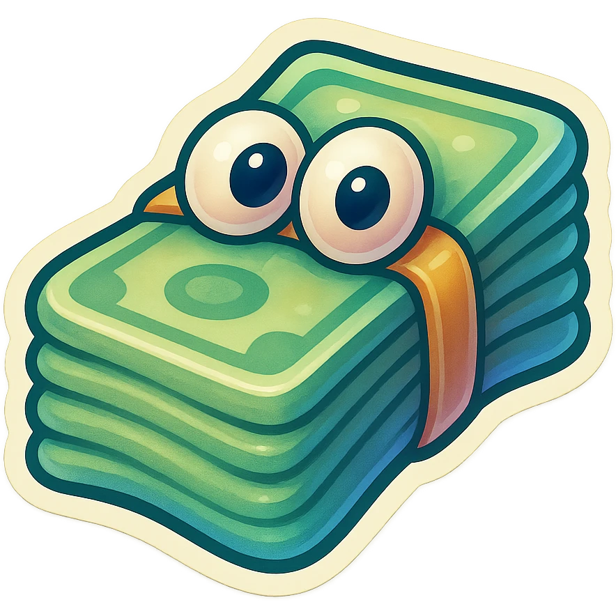 hyper-detailed retro 90's toy style soft plastic stack of cash held together with a rubber band, derpy eyes, no tag, soft reflections, soft and squishy, some cloudiness, not shiny, highly detailed, appealing emoji
