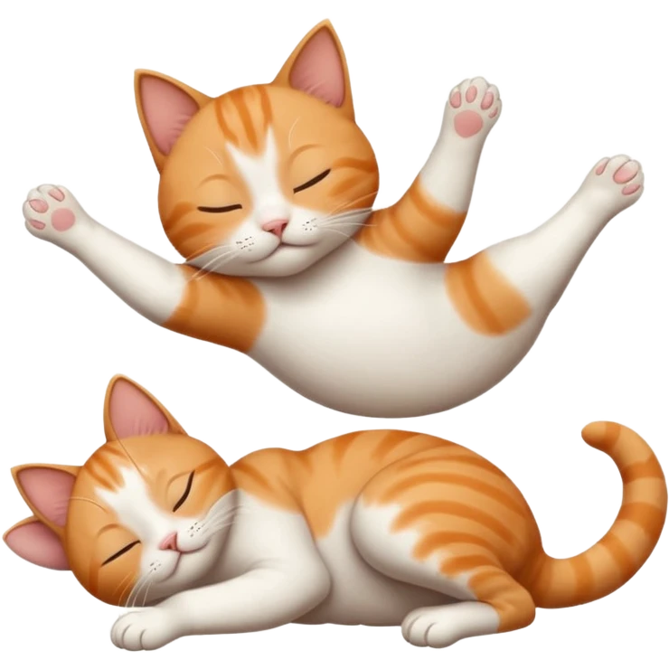 ginger and white small cat eyes closed lying down upside down with paws stretched out in different directions emoji
