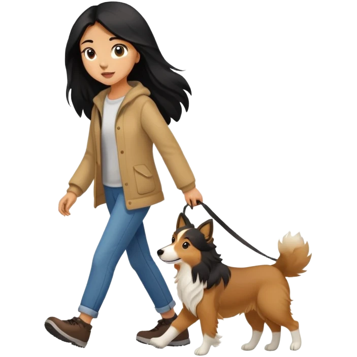 A girl with long black hair walking with a light brown collie emoji