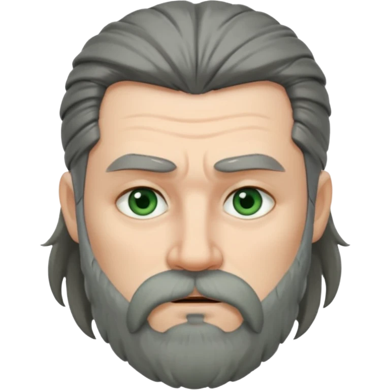 Greenish grey eyed adult man with sad eyes, poor short dark grey hair and a very long viking beard hanging. Pale skin. He's serious and looks tired. Make sure his hair and beard are both dark grey. emoji
