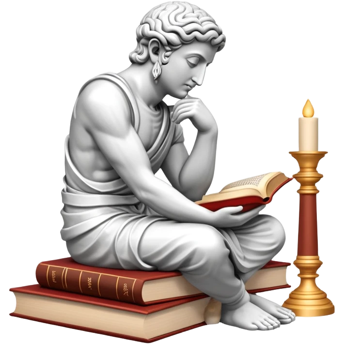 An icon featuring a Thinker statue, a scroll, symbolizing philosophy. The design includes books and abstract symbols representing deep thought and wisdom. Transparent background highlights the study of ideas, logic, and existential questions emoji